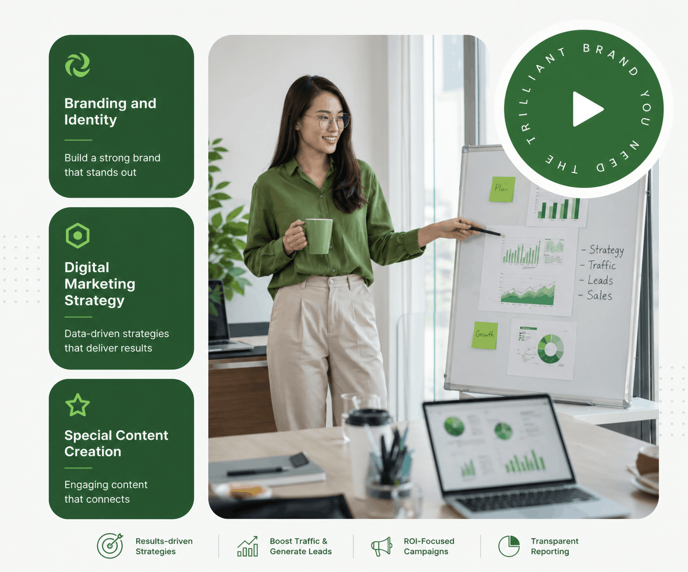 Modern digital marketing strategy presentation with green UI design, showcasing branding, content creation, and business growth analytics