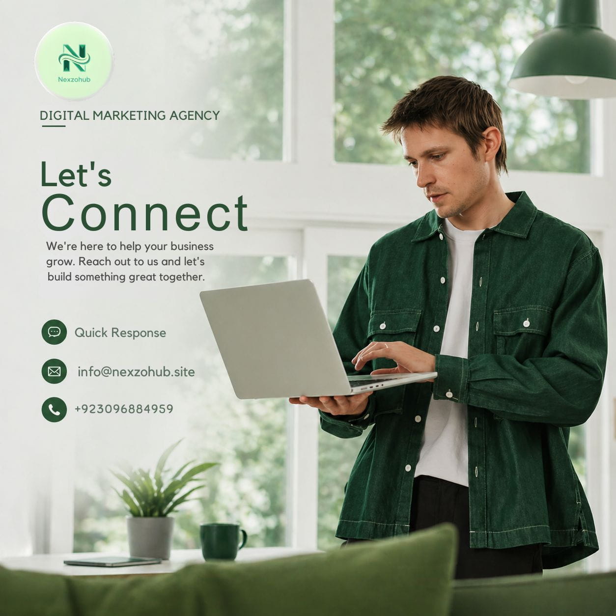 Professional digital marketing expert working on a laptop in a modern green office, representing contact and business communication services