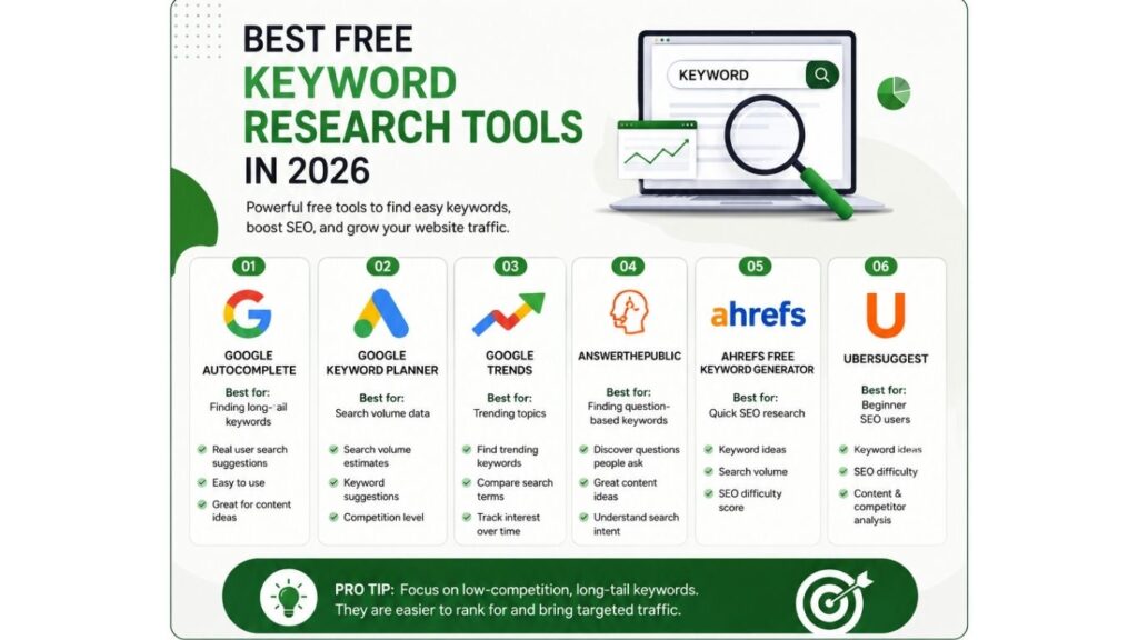 Infographic about the best free keyword research tools in 2026 showing Google Keyword Planner, Google Trends, Ahrefs, Ubersuggest, and tips to find low-competition keywords for SEO growth. 
