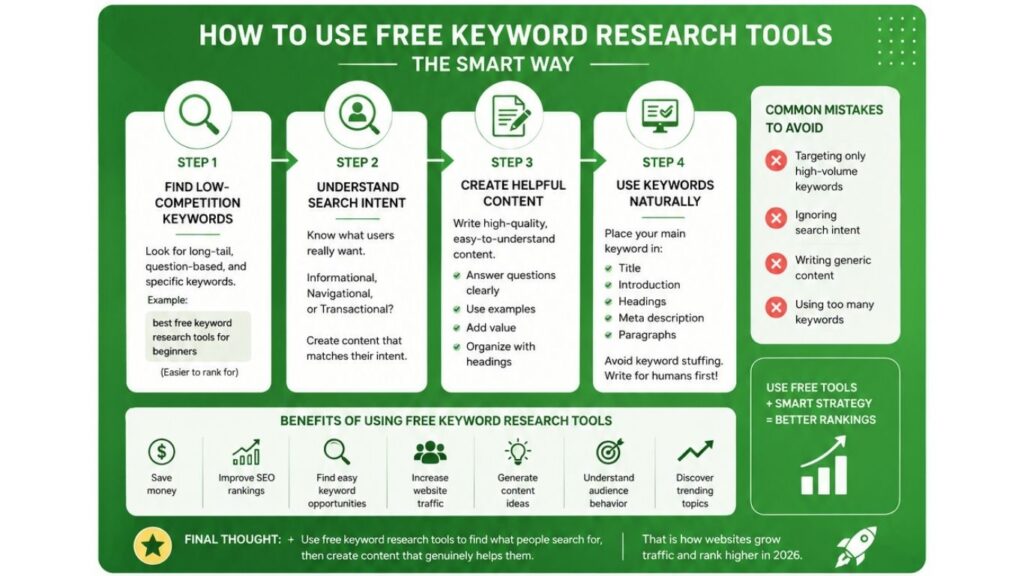 Infographic showing how to use free keyword research tools the smart way, including steps to find low-competition keywords, understand search intent, create helpful SEO content, use keywords naturally, avoid common SEO mistakes, and improve website rankings in 2026. 
